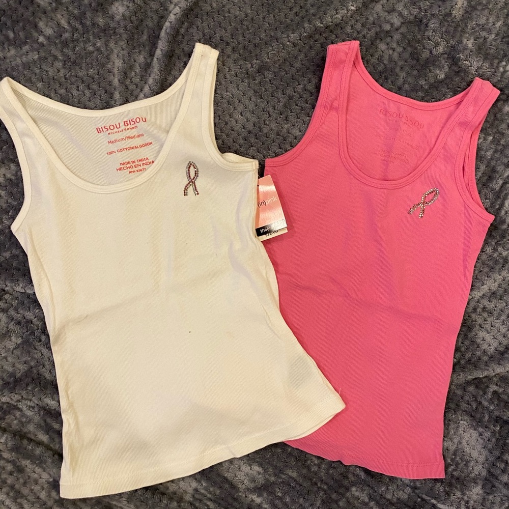 NWT 2 Rhinestone Breast Cancer Awareness Bisou Bisou Tank Tops SzS SzM
